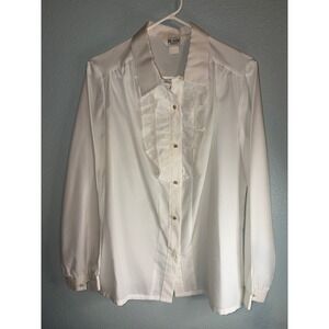 Vintage Blair White Ruffle Lace Bib Front Blouse Long Sleeve Button Down Shirt